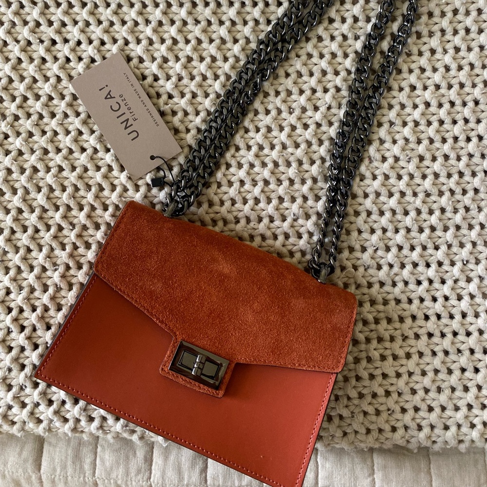 Unica Firenze Italian Leather Burnt Orange Adjustable Crossbody / Shoulder Bag